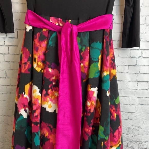 Eliza J Marlow Black 3/4 Length Sleeve Floral Scoop Neck Gown Size 2 Bow Modest - Picture 5 of 16